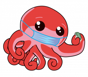 Octo wearing a mask and clutching soap