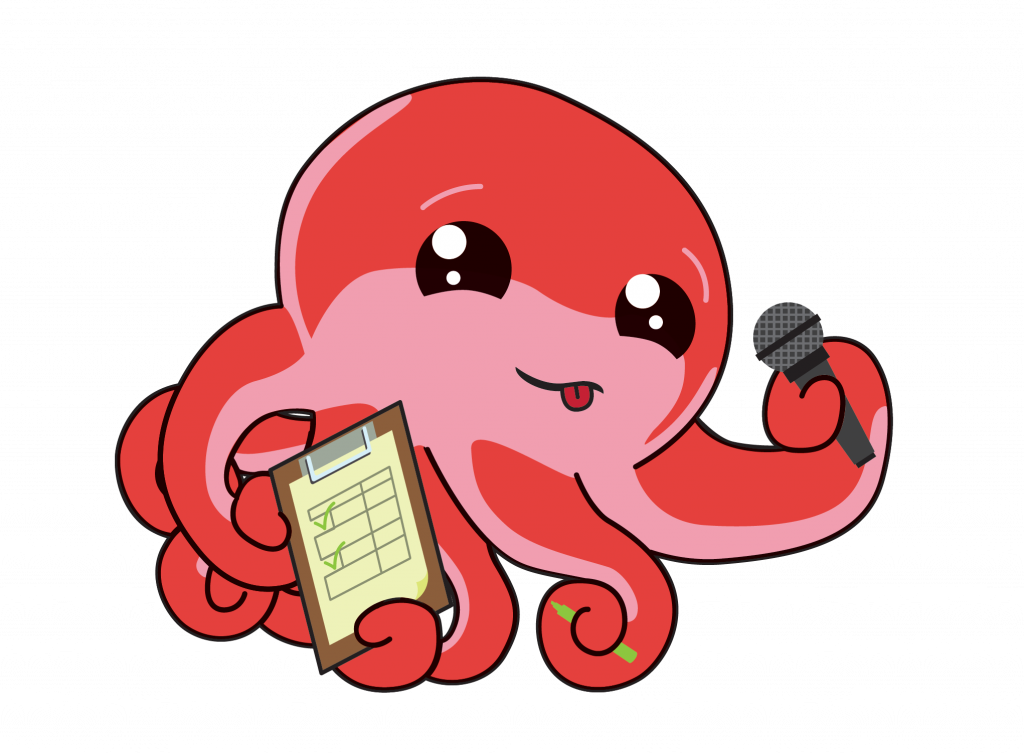 Octo holding a clipboard and microphone, concentrating hard on programme