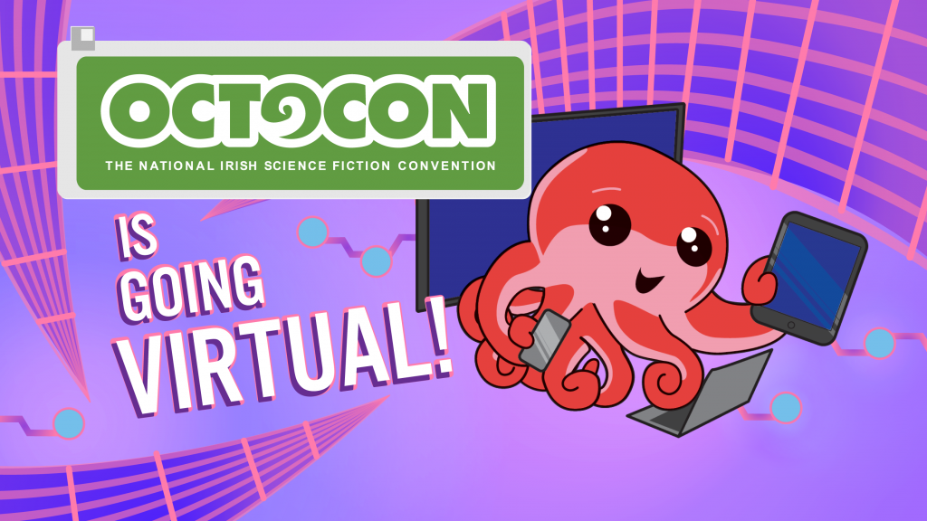 Octocon is going virtual! (Octo surrounded by different screens)