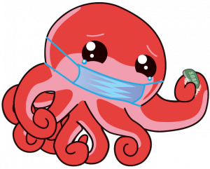 Sad Octo wearing a mask and clutching soap