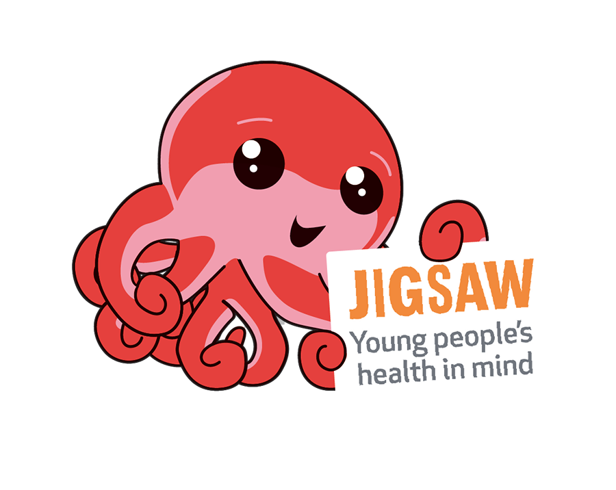 Octo holding a placard that says JIGSAW Young people's health in mind